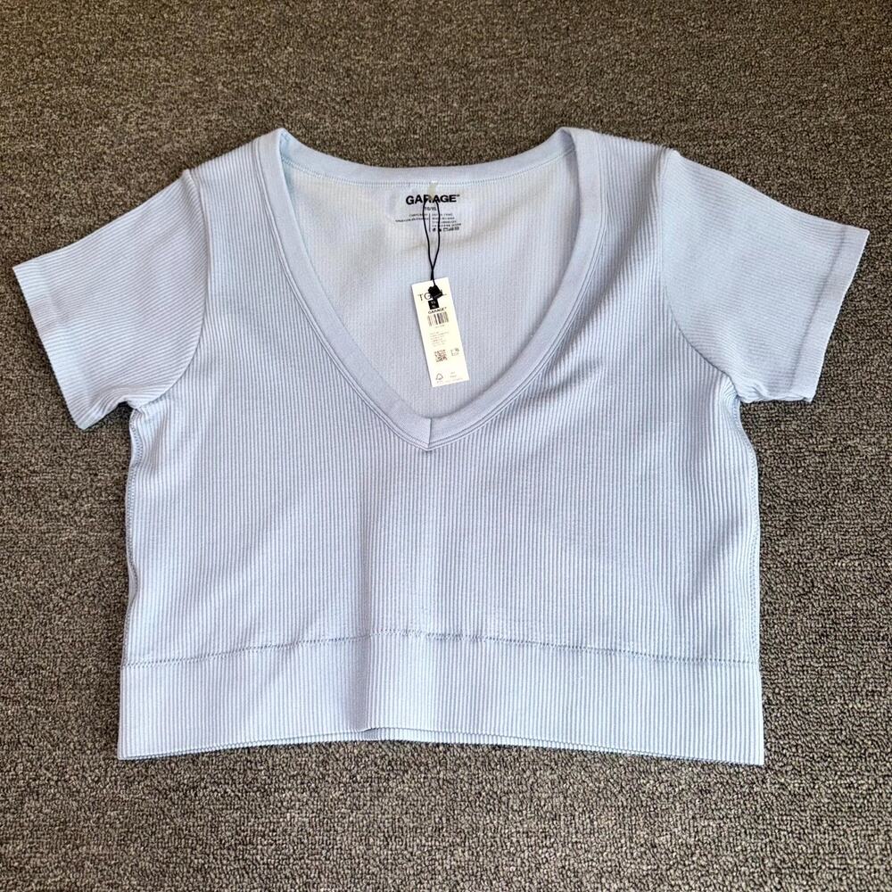 Garage Sonia Seamless Plunge Tee Womens XL Ashley Blue Stretch V-Neck Ribbed NWT